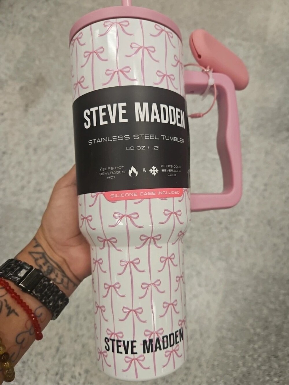 Steve Madden White & Pink Bow Pattern Stainless Steel 40oz Tumbler